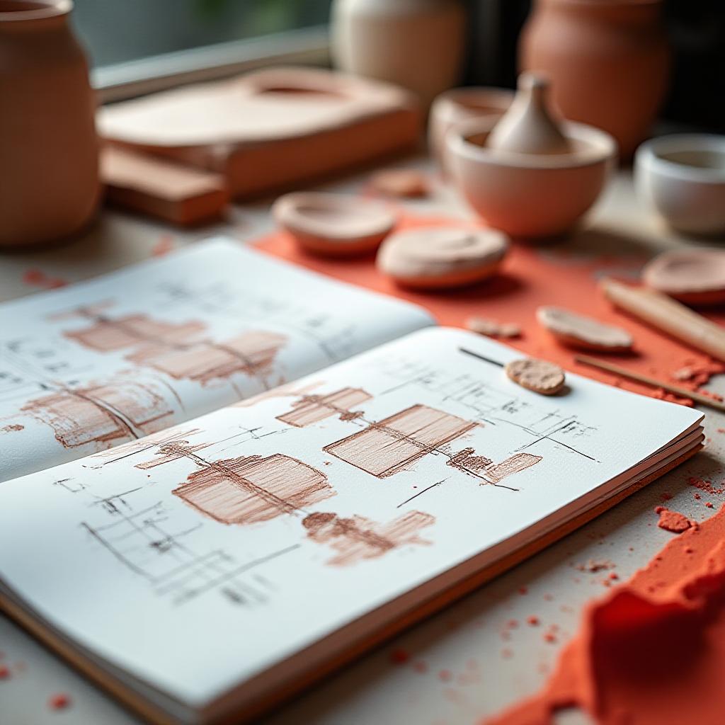 Ceramic shards and tools on a designer desk
