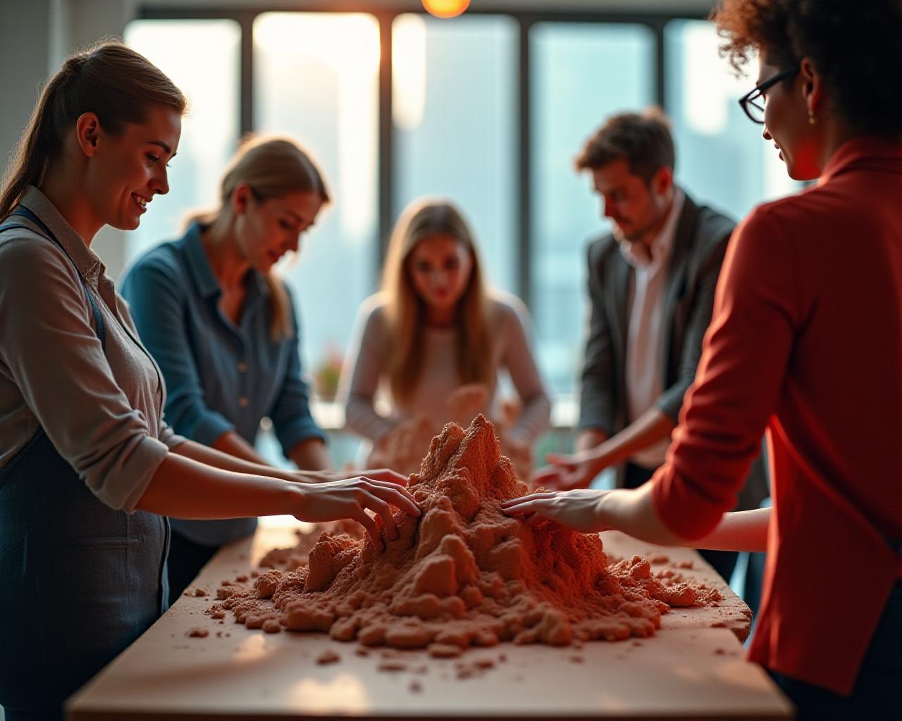 Team collaborating on a large clay sculpture in a modern studio