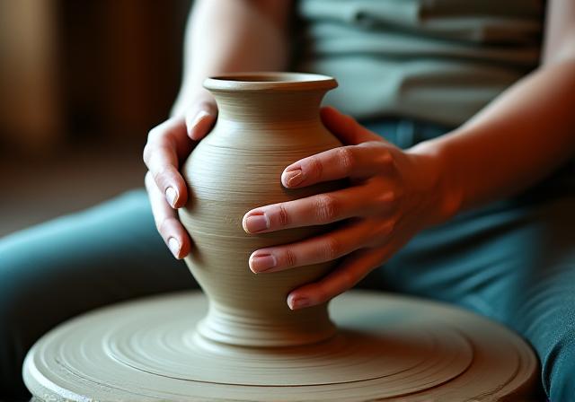 Hands shaping clay on a potter wheel