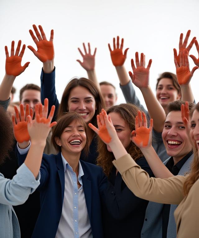 Team members with clay covered hands laughing