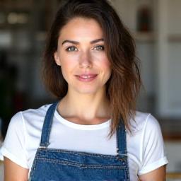 Einass Swedan wearing a clay-splattered apron